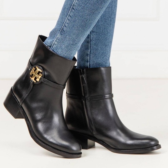 Tory Burch Miller black leather boots gold tone logo zipper booties Sz 10 1/2 - Picture 2 of 13